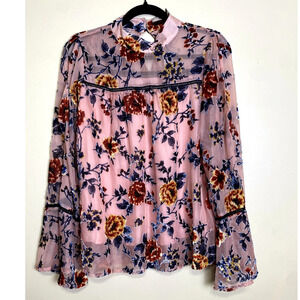 Miss Me Top Blouse Burnout Velvet Size Small Boho Floral Bell Sleeve Sheer Pink
